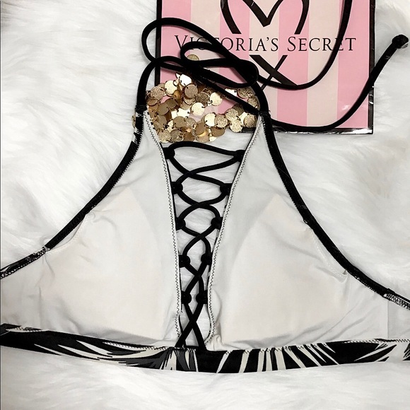 PINK Victoria’s Secret Black Caged Palm Leaf Tropical Halter Bikini Top Size XS - Picture 6 of 11